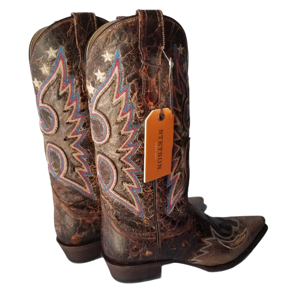 Stetson Leather Cowboy Boots 8.5 Red/White/Blue Western Rodeo Festival Event - Picture 7 of 14